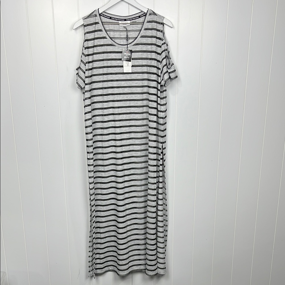 Calvin Klein Womens Swim Cover Up L/XL Gray/Black Crochet Stripes Summer NWT